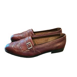 SANDLER brown leather wingtip fringe loafers 9M vintage buckle preppy academia